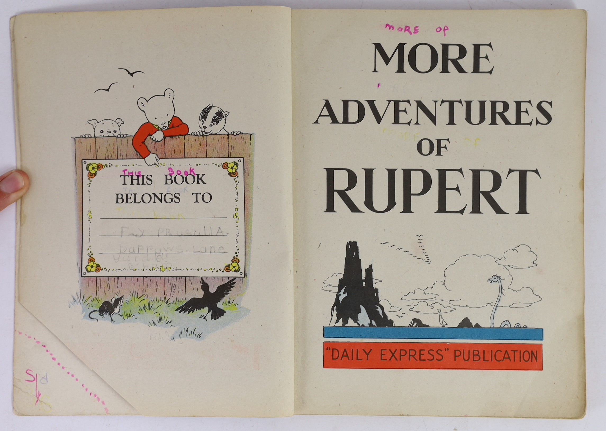 Bestall, Alfred E. - Rupert Annual - More Adventures of Rupert, price clipped, pencil owners inscription and pink crayon lettering, Daily Express, 1942